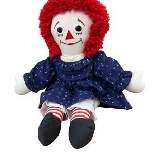 Vintage Raggedy Ann Cloth Doll 18” Navy Dress I Love You Heart Plush